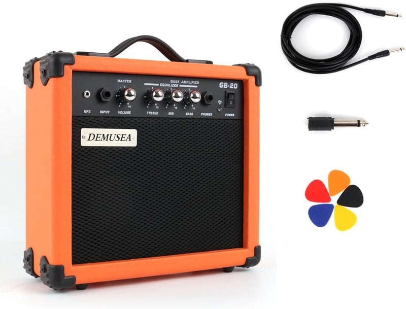 demusea 20W Watt Electric Orange Color Bass Guitar Amplifier Portable Travel Mini Practic Amp Headphone Jack Aux Treble Middle Bass MP3 with Cable Adapter Guitar Picks in - Image 1